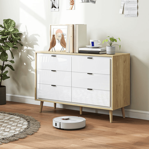 HOMCOM Cómoda com 6 Gavetas com Frentes em Branco Brilhante, Cómoda de Quarto com Pés de Madeira, Gaveteiro para Sala de Estar, Escritório, Estilo Moderno, 110x40x75 cm, Carvalho HOMCOM Cómoda com 6 Gavetas com Frentes em Branco Brilhante, Cómoda de Quarto com Pés de Madeira, Gaveteiro para Sala de Estar, Escritório, Estilo Moderno, 110x40x75 cm, Carvalho
