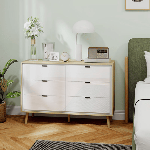 HOMCOM Cómoda com 6 Gavetas com Frentes em Branco Brilhante, Cómoda de Quarto com Pés de Madeira, Gaveteiro para Sala de Estar, Escritório, Estilo Moderno, 110x40x75 cm, Carvalho HOMCOM Cómoda com 6 Gavetas com Frentes em Branco Brilhante, Cómoda de Quarto com Pés de Madeira, Gaveteiro para Sala de Estar, Escritório, Estilo Moderno, 110x40x75 cm, Carvalho