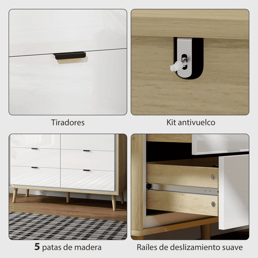 HOMCOM Cómoda com 6 Gavetas com Frentes em Branco Brilhante, Cómoda de Quarto com Pés de Madeira, Gaveteiro para Sala de Estar, Escritório, Estilo Moderno, 110x40x75 cm, Carvalho HOMCOM Cómoda com 6 Gavetas com Frentes em Branco Brilhante, Cómoda de Quarto com Pés de Madeira, Gaveteiro para Sala de Estar, Escritório, Estilo Moderno, 110x40x75 cm, Carvalho