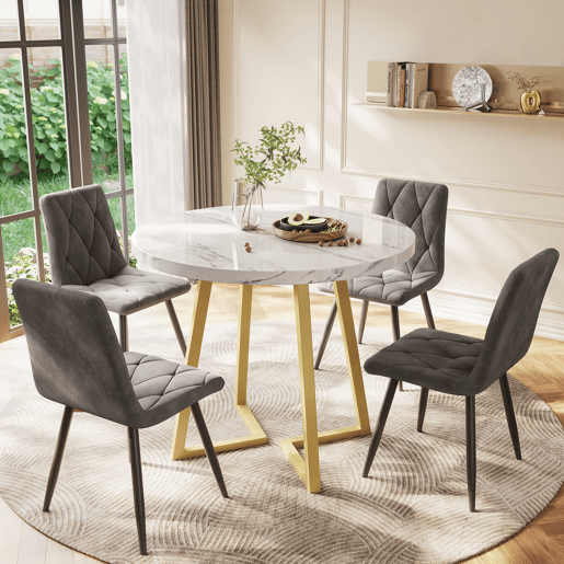 Mesa redonda - Mesa de jantar com base metálica única, design moderno com padrão marmorizado - Branco