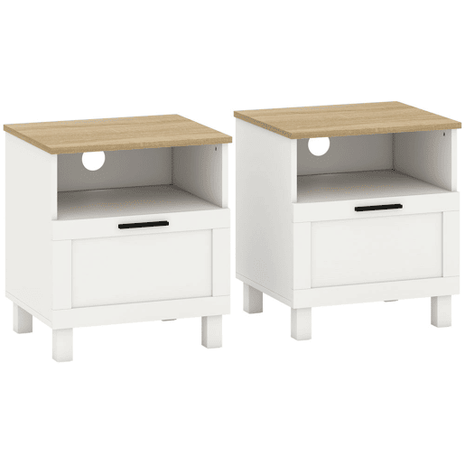 HOMCOM Conjunto de 2 Mesas de Cabeceira Modernas Mesas de Cabeceira com Gaveta Compartimento Aberto Pés de Madeira Mesa Auxiliar para Sala Dormitório 45x38x50 cm Branco