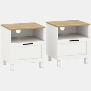 HOMCOM Conjunto de 2 Mesas de Cabeceira Modernas Mesas de Cabeceira com Gaveta Compartimento Aberto Pés de Madeira Mesa Auxiliar para Sala Dormitório 45x38x50 cm Branco
