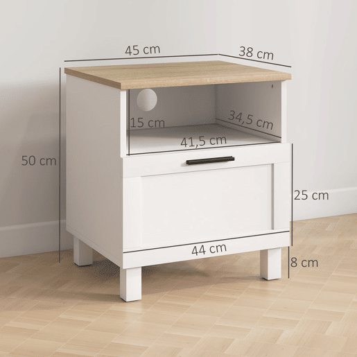 HOMCOM Conjunto de 2 Mesas de Cabeceira Modernas Mesas de Cabeceira com Gaveta Compartimento Aberto Pés de Madeira Mesa Auxiliar para Sala Dormitório 45x38x50 cm Branco