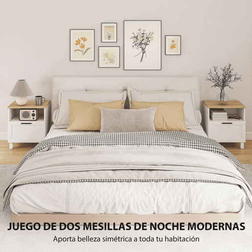 HOMCOM Conjunto de 2 Mesas de Cabeceira Modernas Mesas de Cabeceira com Gaveta Compartimento Aberto Pés de Madeira Mesa Auxiliar para Sala Dormitório 45x38x50 cm Branco