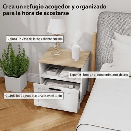 HOMCOM Conjunto de 2 Mesas de Cabeceira Modernas Mesas de Cabeceira com Gaveta Compartimento Aberto Pés de Madeira Mesa Auxiliar para Sala Dormitório 45x38x50 cm Branco