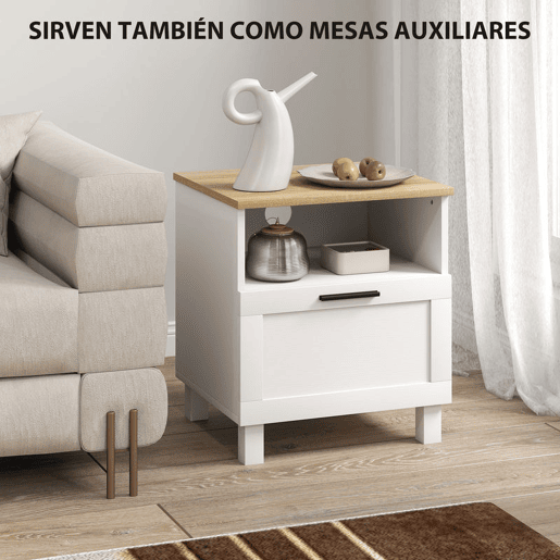 HOMCOM Conjunto de 2 Mesas de Cabeceira Modernas Mesas de Cabeceira com Gaveta Compartimento Aberto Pés de Madeira Mesa Auxiliar para Sala Dormitório 45x38x50 cm Branco
