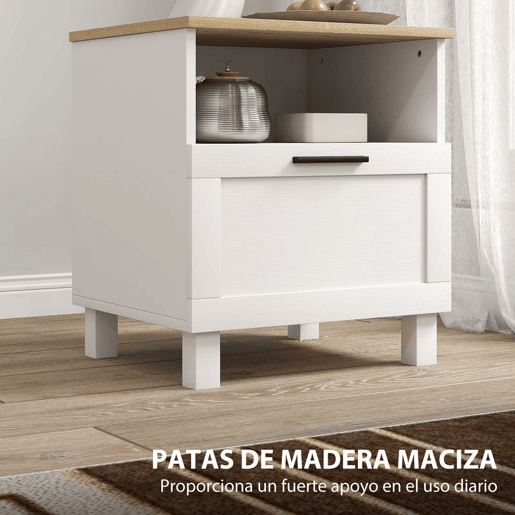 HOMCOM Conjunto de 2 Mesas de Cabeceira Modernas Mesas de Cabeceira com Gaveta Compartimento Aberto Pés de Madeira Mesa Auxiliar para Sala Dormitório 45x38x50 cm Branco