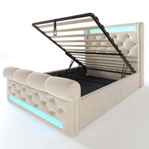 Cama individual estofada 90x200cm - Cama com luzes LED, cabeceira com arrumação e portas USB e Tipo-C, cama hidráulica - Bege