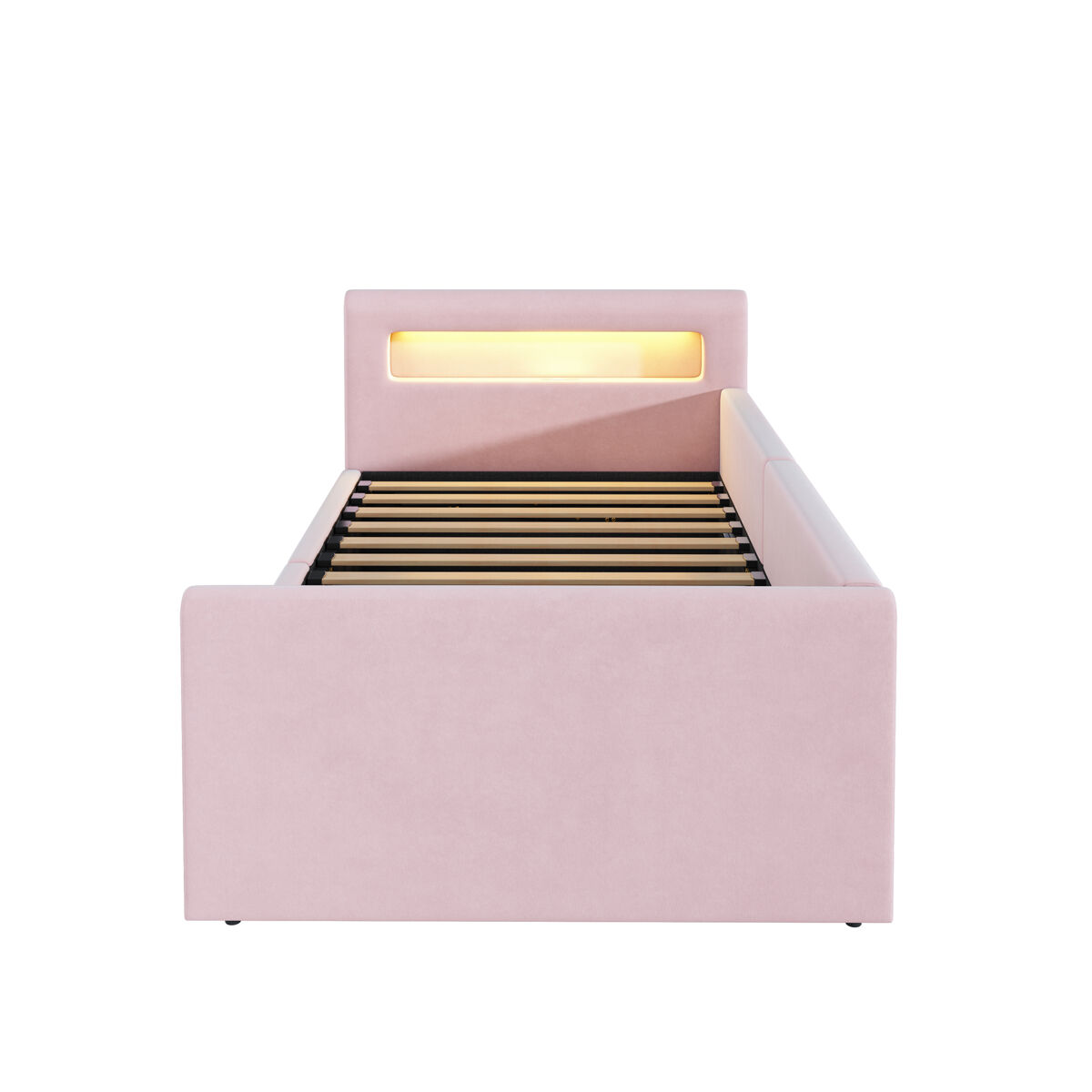 Cama infantil 90x200 cm - con led, luz nocturna, puerto usb, estante, almacenamiento hidráulico - rosa