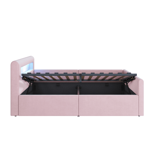 Cama infantil 90x200 cm - Com LED, luz noturna, porta USB, prateleira, armazenamento hidráulico - Rosa
