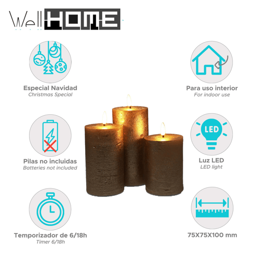 Conjunto de 3 velas LED de superfície rústica Well Home