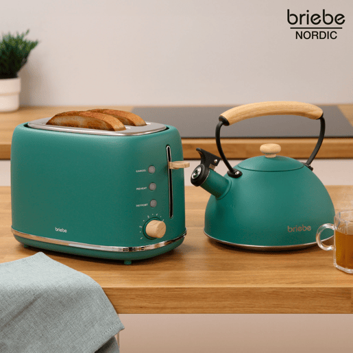 Briebe SKT1177GRE Nordic Tostapane a Fessura Larga a 2 Fette+ Chaleira de Indução com Apito, 2,3 L, 870, Verde