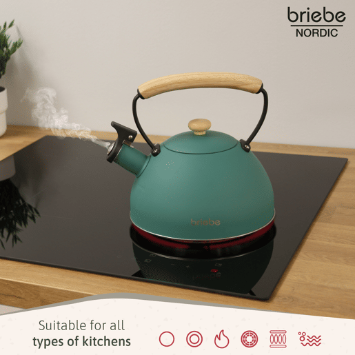 Briebe SKT1177GRE Nordic Tostapane a Fessura Larga a 2 Fette+ Chaleira de Indução com Apito, 2,3 L, 870, Verde