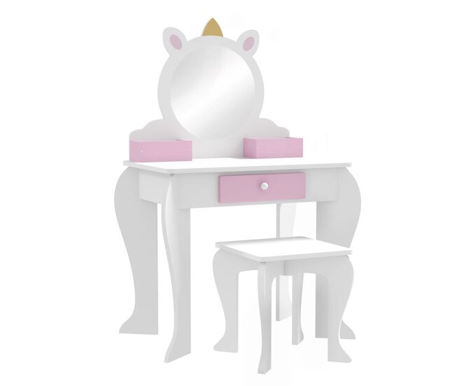 Zonekiz tocador infantil con taburete y espejo, tocador para niñas con cajón, compartimentos, diseño de unicornio, mesa de maquillaje para niños y niñas de 3-6 años, blanco