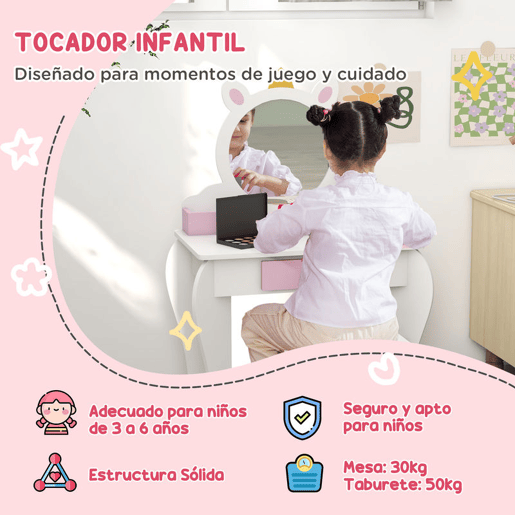 ZONEKIZ Toucador Infantil com Banco e Espelho Toucador de Maquilhagem com Gaveta Compartimentos Desenho de Unicórnio Toucador para Crianças de 3-6 Anos Branco