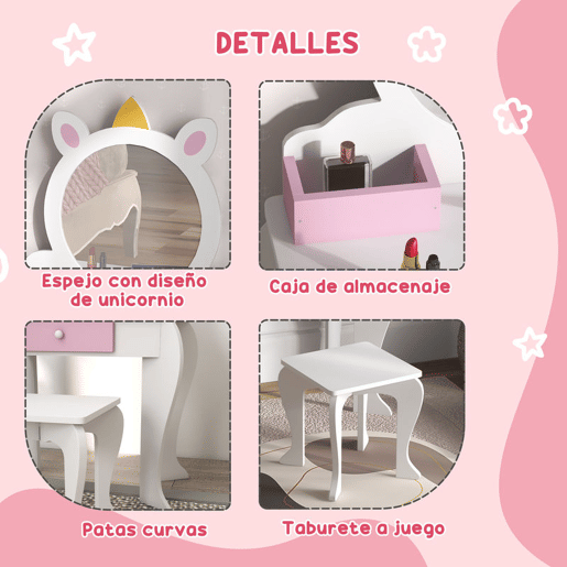 ZONEKIZ Toucador Infantil com Banco e Espelho Toucador de Maquilhagem com Gaveta Compartimentos Desenho de Unicórnio Toucador para Crianças de 3-6 Anos Branco