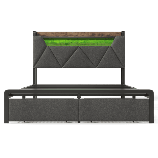 Cama de casal 160x200cm - Cabeceira com compartimento de armazenamento com carregador USB tipo C, iluminação LED e gavetas - Cinza
