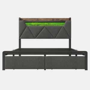 Cama de casal 160x200cm - Cabeceira com compartimento de armazenamento com carregador USB tipo C, iluminação LED e gavetas - Cinza