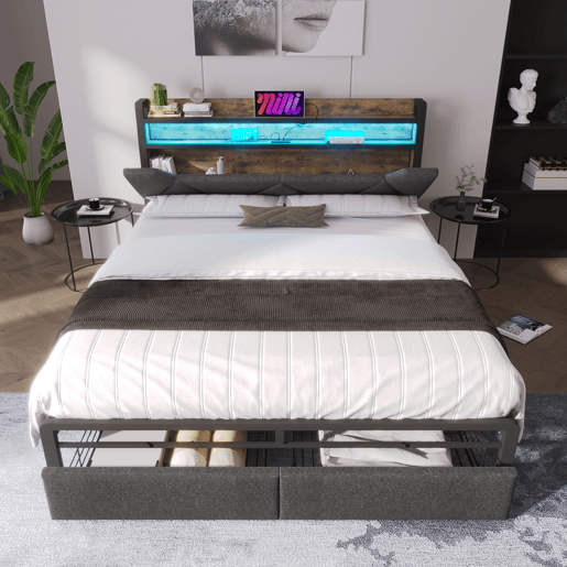 Cama de casal 160x200cm - Cabeceira com compartimento de armazenamento com carregador USB tipo C, iluminação LED e gavetas - Cinza