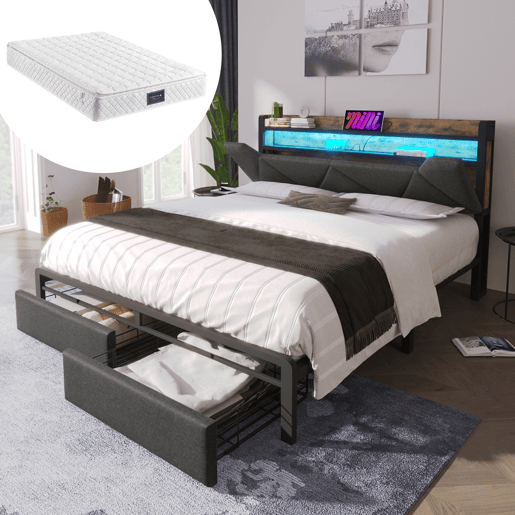 Cama de casal 160x200cm - Cabeceira com compartimento de armazenamento com carregador USB tipo C, iluminação LED e gavetas - Cinza