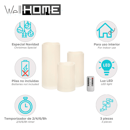 Conjunto de 3 velas cintilantes de tamanhos diferentes, controle remoto