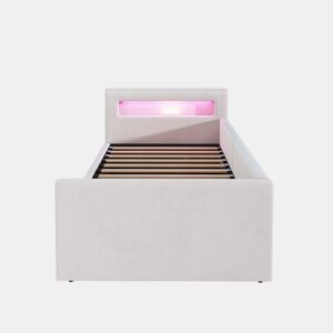 Cama infantil 90x200 cm - Com luz LED, luz noturna, porta USB, prateleira, armazenamento hidráulico, cama individual simples - Bege