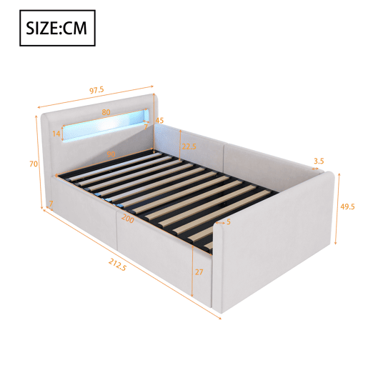 Cama infantil 90x200 cm - Com luz LED, luz noturna, porta USB, prateleira, armazenamento hidráulico, cama individual simples - Bege