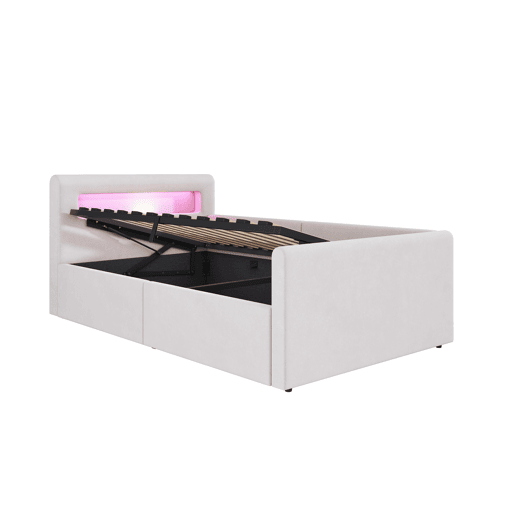 Cama infantil 90x200 cm - Com luz LED, luz noturna, porta USB, prateleira, armazenamento hidráulico, cama individual simples - Bege