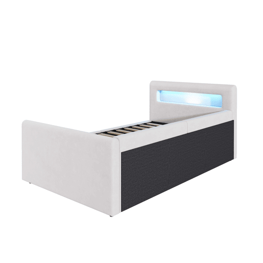 Cama infantil 90x200 cm - Com luz LED, luz noturna, porta USB, prateleira, armazenamento hidráulico, cama individual simples - Bege