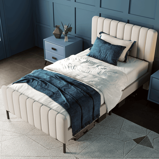 Cama individual estofada 90x200 - cabeceira ajustável, base incluída, juvenil, linho - Cinza-Bege