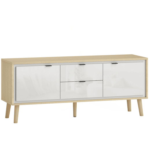HOMCOM Móvel de TV Moderno de 2 Portas Móvel TV para Sala com 2 Gavetas Orifícios Passa-Cabos Prateleiras Removíveis e Ajustáveis para Televisão 55 Polegadas 120x35x50 cm Branco Brilho e Carvalho