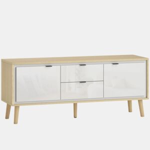 HOMCOM Móvel de TV Moderno de 2 Portas Móvel TV para Sala com 2 Gavetas Orifícios Passa-Cabos Prateleiras Removíveis e Ajustáveis para Televisão 55 Polegadas 120x35x50 cm Branco Brilho e Carvalho