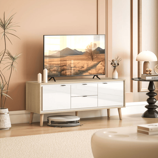 HOMCOM Móvel de TV Moderno de 2 Portas Móvel TV para Sala com 2 Gavetas Orifícios Passa-Cabos Prateleiras Removíveis e Ajustáveis para Televisão 55 Polegadas 120x35x50 cm Branco Brilho e Carvalho