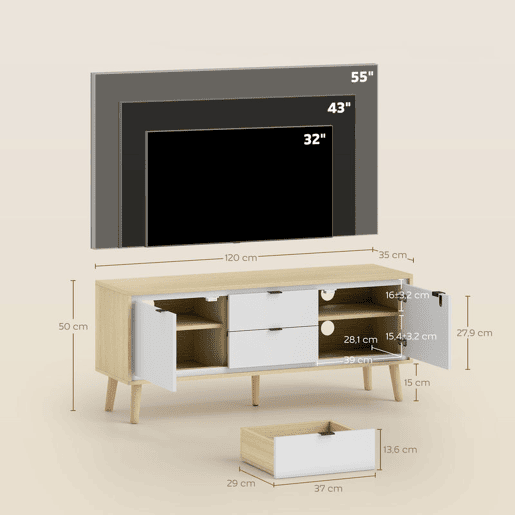 HOMCOM Móvel de TV Moderno de 2 Portas Móvel TV para Sala com 2 Gavetas Orifícios Passa-Cabos Prateleiras Removíveis e Ajustáveis para Televisão 55 Polegadas 120x35x50 cm Branco Brilho e Carvalho
