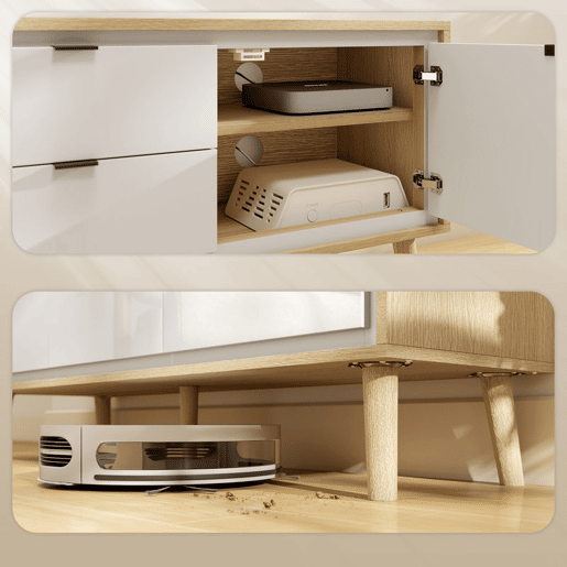 HOMCOM Móvel de TV Moderno de 2 Portas Móvel TV para Sala com 2 Gavetas Orifícios Passa-Cabos Prateleiras Removíveis e Ajustáveis para Televisão 55 Polegadas 120x35x50 cm Branco Brilho e Carvalho