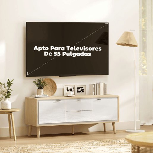 HOMCOM Móvel de TV Moderno de 2 Portas Móvel TV para Sala com 2 Gavetas Orifícios Passa-Cabos Prateleiras Removíveis e Ajustáveis para Televisão 55 Polegadas 120x35x50 cm Branco Brilho e Carvalho