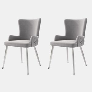 Cadeira de jantar de veludo 2er Set - luxuosa com quatro pernas metálicas prateadas - Cinza