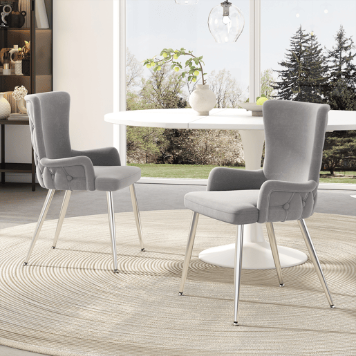 Cadeira de jantar de veludo 2er Set - luxuosa com quatro pernas metálicas prateadas - Cinza Cadeira de jantar de veludo 2er Set - luxuosa com quatro pernas metálicas prateadas - Cinza