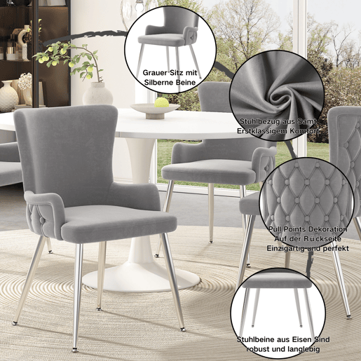 Cadeira de jantar de veludo 2er Set - luxuosa com quatro pernas metálicas prateadas - Cinza Cadeira de jantar de veludo 2er Set - luxuosa com quatro pernas metálicas prateadas - Cinza