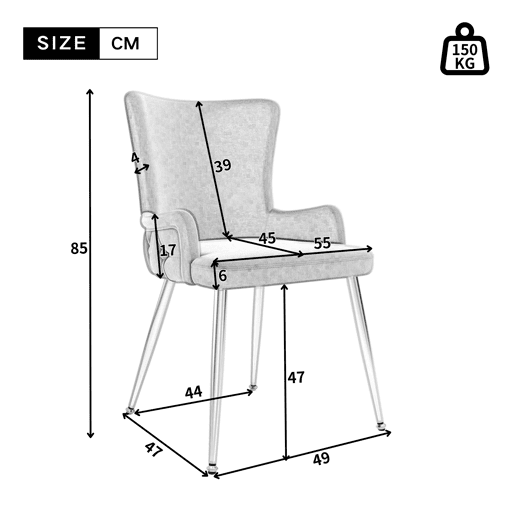 Cadeira de jantar de veludo 2er Set - luxuosa com quatro pernas metálicas prateadas - Cinza Cadeira de jantar de veludo 2er Set - luxuosa com quatro pernas metálicas prateadas - Cinza