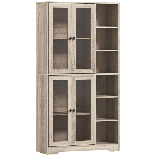 HOMCOM Armário de Cozinha Móvel Auxiliar de Cozinha com Prateleiras Abertas e 4 Portas de Vidro com Fecho Suave Prateleiras Ajustáveis para Sala de Jantar Sala de Estar 90x35x172 cm Cinza Claro