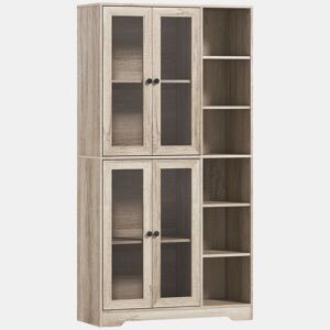 HOMCOM Armário de Cozinha Móvel Auxiliar de Cozinha com Prateleiras Abertas e 4 Portas de Vidro com Fecho Suave Prateleiras Ajustáveis para Sala de Jantar Sala de Estar 90x35x172 cm Cinza Claro