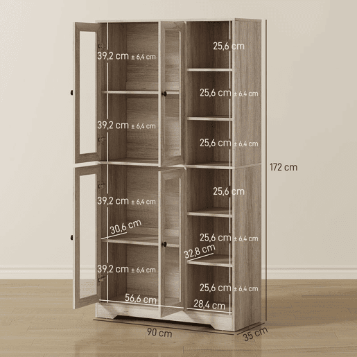 HOMCOM Armário de Cozinha Móvel Auxiliar de Cozinha com Prateleiras Abertas e 4 Portas de Vidro com Fecho Suave Prateleiras Ajustáveis para Sala de Jantar Sala de Estar 90x35x172 cm Cinza Claro
