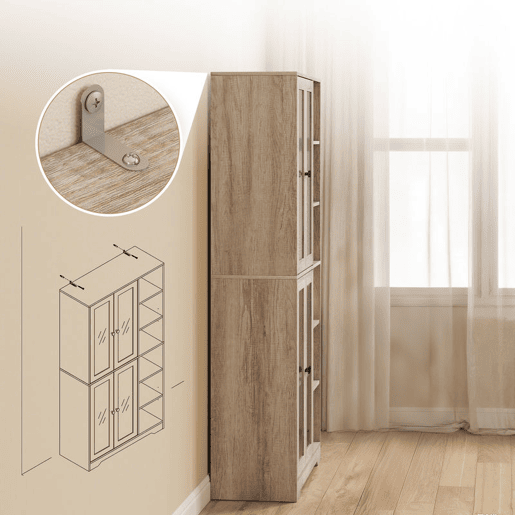 HOMCOM Armário de Cozinha Móvel Auxiliar de Cozinha com Prateleiras Abertas e 4 Portas de Vidro com Fecho Suave Prateleiras Ajustáveis para Sala de Jantar Sala de Estar 90x35x172 cm Cinza Claro
