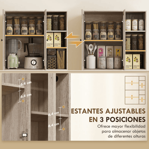 HOMCOM Armário de Cozinha Móvel Auxiliar de Cozinha com Prateleiras Abertas e 4 Portas de Vidro com Fecho Suave Prateleiras Ajustáveis para Sala de Jantar Sala de Estar 90x35x172 cm Cinza Claro
