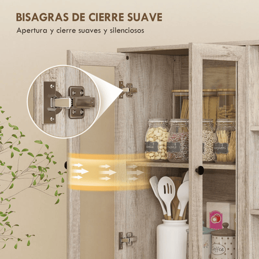 HOMCOM Armário de Cozinha Móvel Auxiliar de Cozinha com Prateleiras Abertas e 4 Portas de Vidro com Fecho Suave Prateleiras Ajustáveis para Sala de Jantar Sala de Estar 90x35x172 cm Cinza Claro