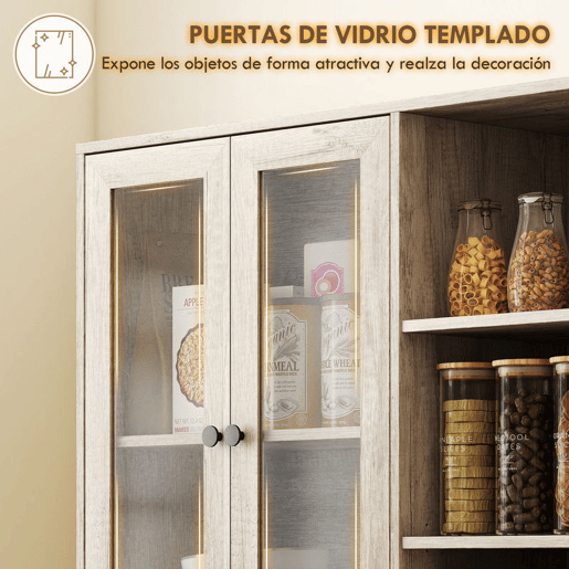 HOMCOM Armário de Cozinha Móvel Auxiliar de Cozinha com Prateleiras Abertas e 4 Portas de Vidro com Fecho Suave Prateleiras Ajustáveis para Sala de Jantar Sala de Estar 90x35x172 cm Cinza Claro