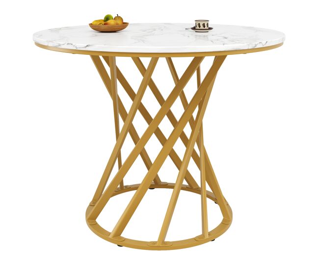 Mesa redonda 80x80x76 cm - mesa de comedor y café para 4 personas - tablero de mdf marmoleado, patas metálicas doradas