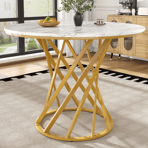 Mesa redonda 80x80x76 cm - Mesa de jantar e café para 4 pessoas - Tampo em MDF marmorizado, pernas metálicas douradas