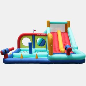 Castelo insuflável com ventilador - Parque aquático exterior multifuncional com escorregas duplos, parede de escalada, pistola de água, fonte e postes de boxe - Azul